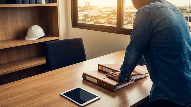 Owner reviewing payroll binders at a desk with a hard hat on the shelf, South Carolina Employer Requirements