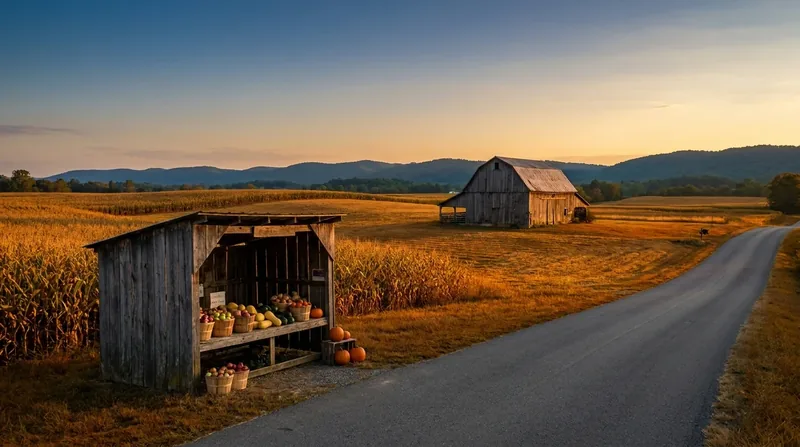 Wooden farm stand of produce beside a country road with a barn and hills, How to Start an Agritourism or U-Pick Farm in South Carolina