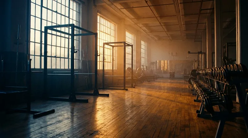 Gym floor at dawn with squat racks, dumbbell rows and large industrial windows, How to Open a Gym, Yoga Studio or Tanning Salon in South Carolina