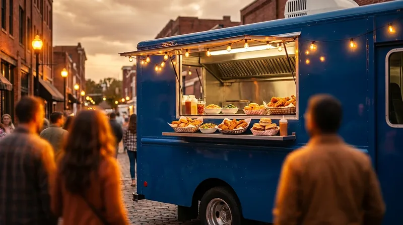 Customers lining up at a food truck window at dusk, How to Start a Food Truck in South Carolina