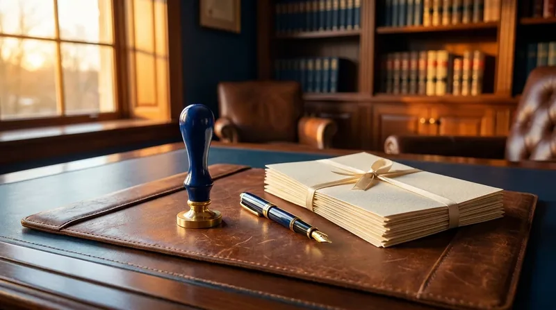 Embossing seal, fountain pen and stacked documents on a leather desk pad, SC LLR Explained