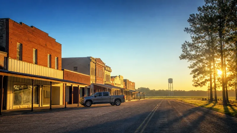 Small-town brick storefronts with farm fields and pines at the edge of town, Marion County, SC Business License