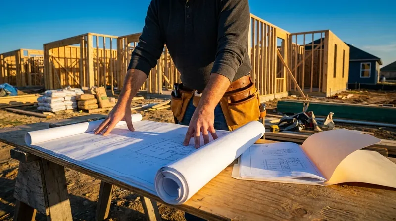 Contractor reviewing blueprints at a framed residential jobsite, How to Start an Electrical Business in South Carolina
