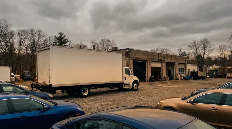 Box truck and parked cars outside a small service garage under a grey sky, How to Start a Medical Courier Business in South Carolina