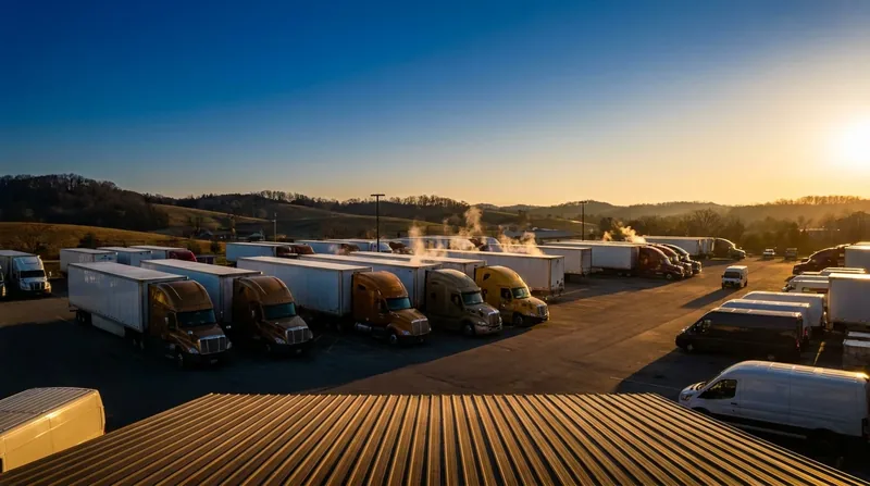 Box trucks and semis parked at a logistics yard at sunrise, How to Start a Moving Company in South Carolina